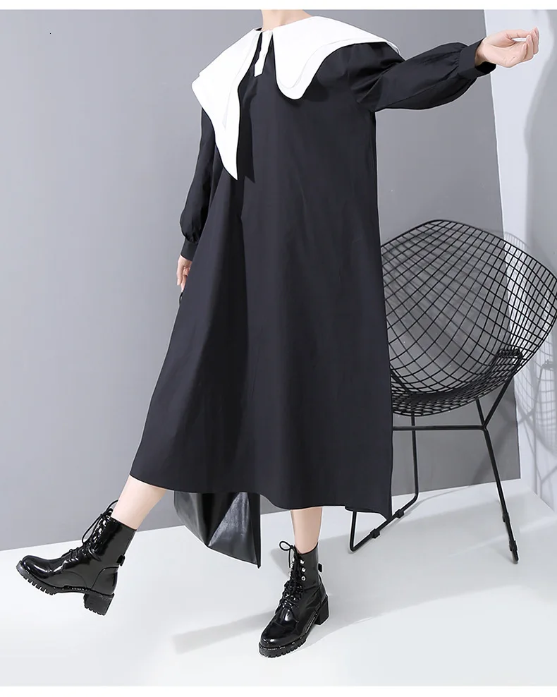 [EAM] женское Черное контрастное платье большого размера, новинка, круглый вырез, длинный рукав, свободный крой, мода, весна-осень, 1N284