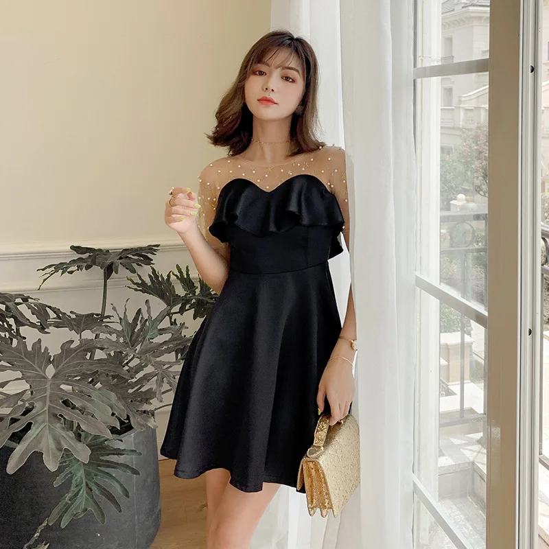 

New Style Elegant Black And White with Pattern Dress Immortal Beads Flounced Dress