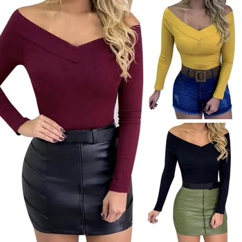 

2019 sexy Bodysuit Women Sexy off shoulder long Sleeve skinny fashion V neck Black Clubwear Autumn Trendy Clothes