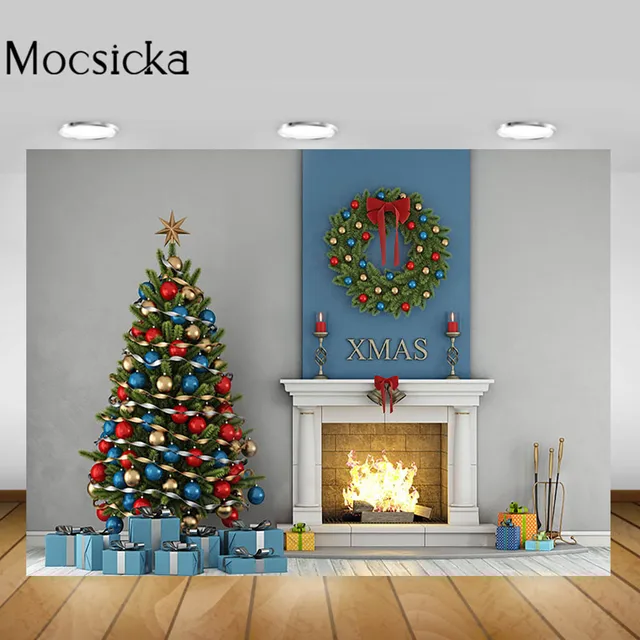 Mocsicka Christmas Living Room Backgrounds Christmas Tree Fireplace Garland Xmas Backdrop Decorations Newborn Photography Props Style-10