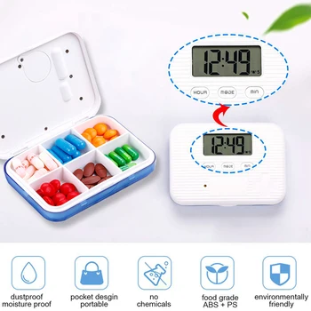 

6 Grid Pill Box Medicine Storage Box Electronic Timing Reminder Medicine Boxes Alarm Timer Pills Organizer Pill Drug Container