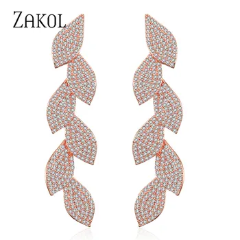 

ZAKOL Micro-inlaid Cubic Zirconia Leaves Long Dangle Earrings for Women Wedding Dinner Holiday Birthday Gift Jewelry FSEP2356