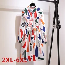 

Plus Size 2XL-6XL Long Sleeve Dress For Fat MM Woman Loose Print Belt With Pocket Big size Female Clothing Chiffon Dress