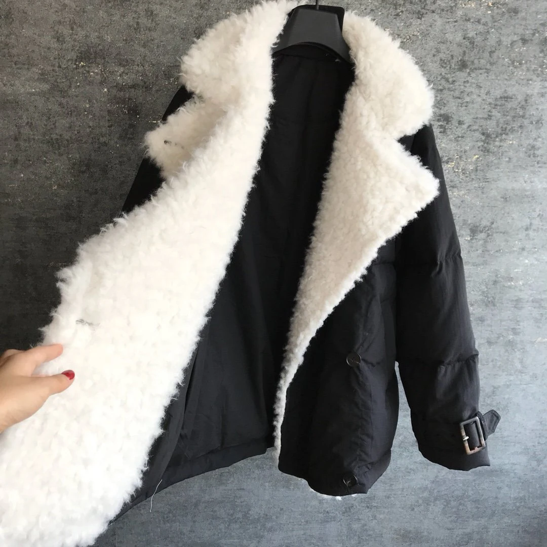 Новые женские Высокое качество модная одежда с длинным рукавом с отворотом двубортное пальто из овечьей шерсти пуховая куртка 1118