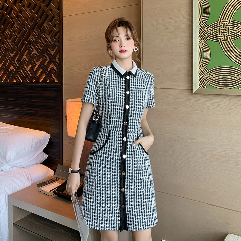 

Elegant Women Tweed Dress 2020 Brand Designer OL Short Sleeve Houndstooth A line Plaid Dress Autumn Winter Clothes