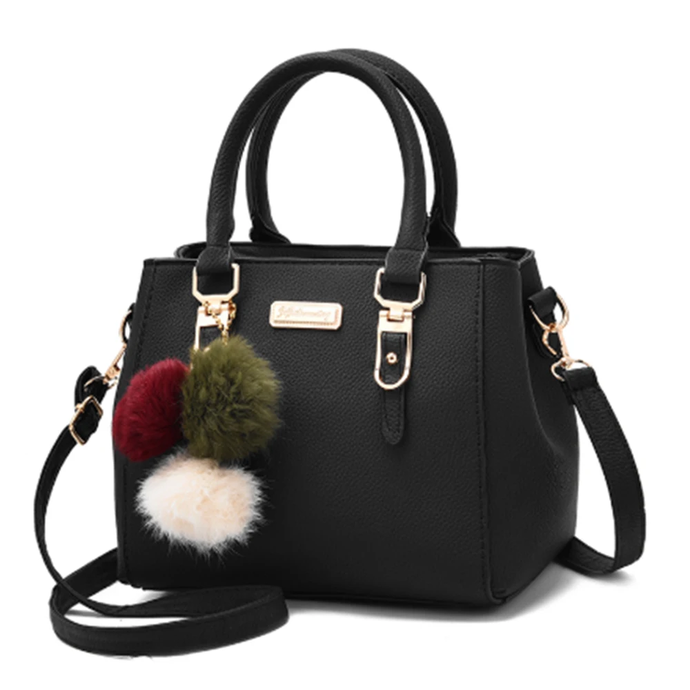 

Women Hairball Ornaments Handbag Quality Leather Female shoulder Bag Casual solid Tote Bags ladies messenger crossbody Bag bags