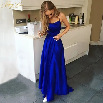

Sexy Royal Blue Satin Evening Dress Styles Slit Backless Prom Dress 2019 Evening Gowns Prom Party Dress Green Abiye robe femme