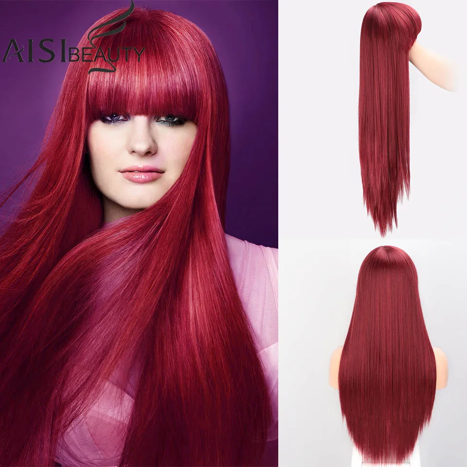AISIBEAUTY женский парик с челкой синтетический парик длинные прямые парики термостойкие волокна волос красный/черный/Блонд натуральные волосы