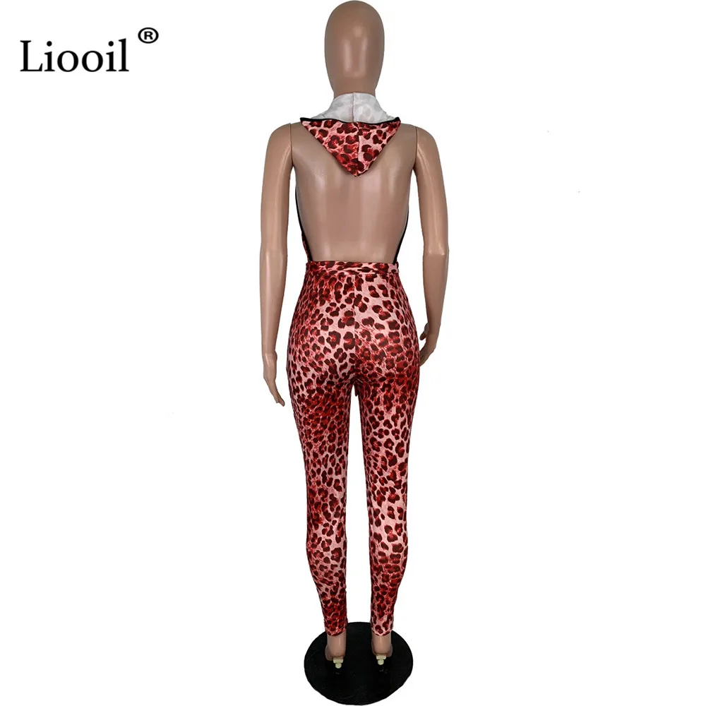 Liooil, Леопардовый принт, с капюшоном, сексуальный комбинезон в обтяжку с открытой спиной, без рукавов, v-образный вырез, шнуровка, бодикон, вечерние, Клубные комбинезоны, женский комбинезон