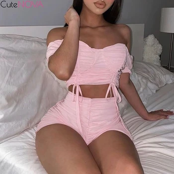 

Cutenova Solid Color Card Shoulder Mesh Crop Tops High Waist Stacked Pants Two Pieces Sets Hollow Out Sleeveless Fashion Suits