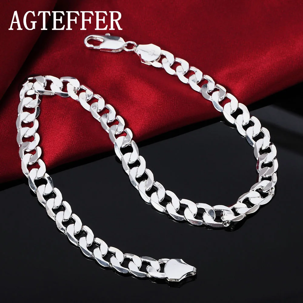 AGTEFFER 925 Silver 18/20/22/24/26/28/30 inches 12MM Flat Full Sideways Cuba Chain Necklace For Women Men Fashion Jewelry Gifts