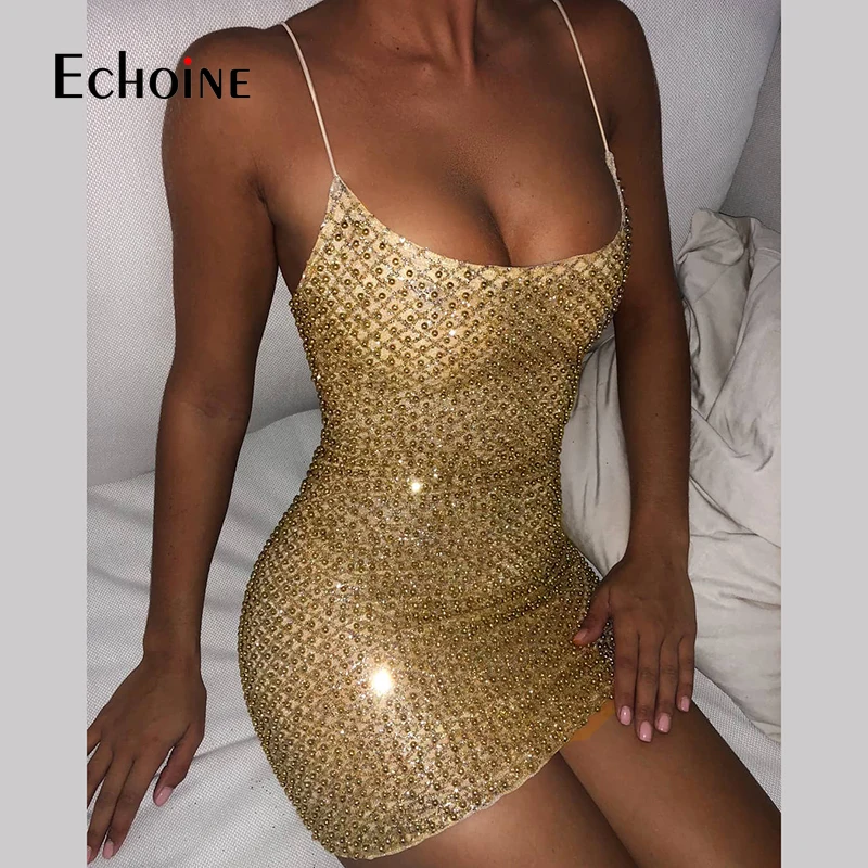 

Echoine 2020 New Glitter Women Luxury Pearl Sparkle Mini Dress Sexy Sequin Bodycon Outfit Club Wear Sleeveless Party Short Dress