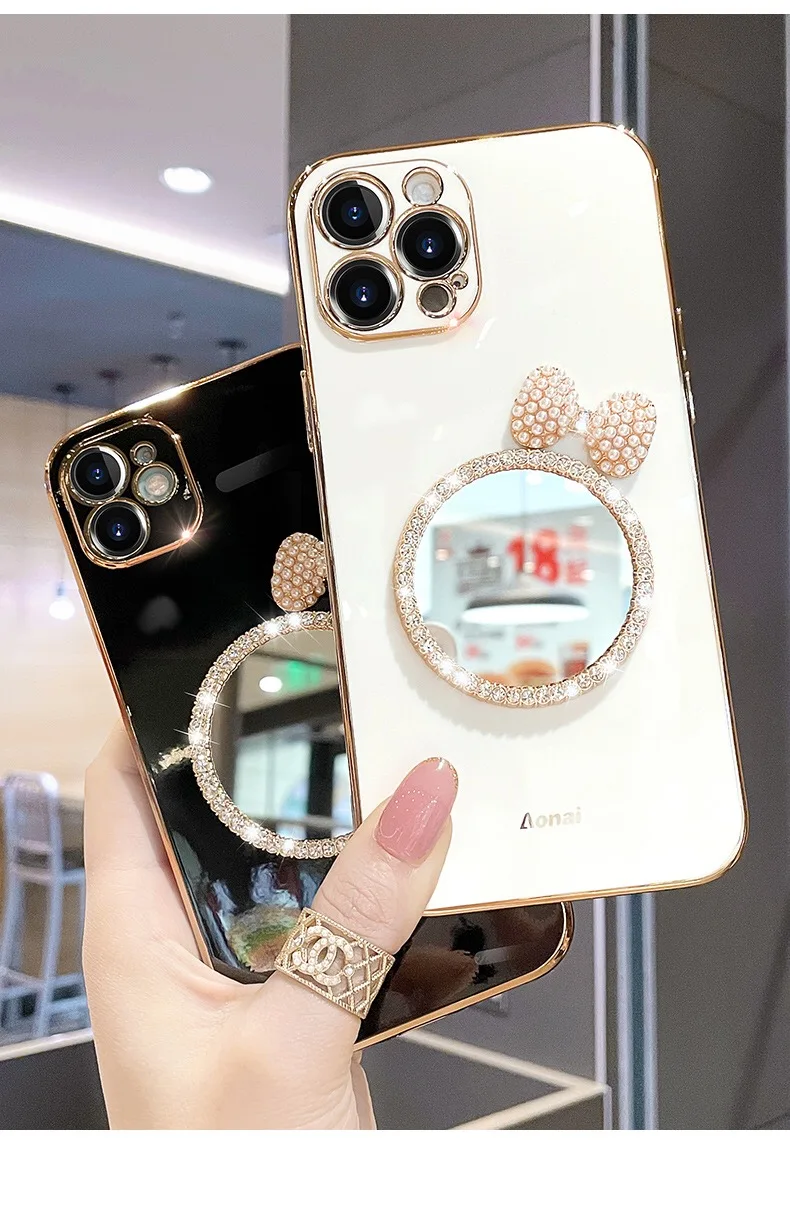 Luxury Brand 3D Makeup mirror Pearl Bow Phone Case For Iphone 12 11 Pro Max 6 7 8 Plus X XR Fashion Plating Glitter Soft Cover