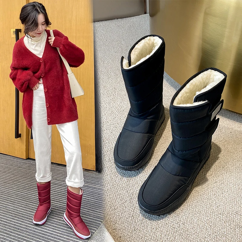 

Women ankle boots Waterproof down cloth flat winter warm boots women platform boots Imitation lamb hair lining botas for women