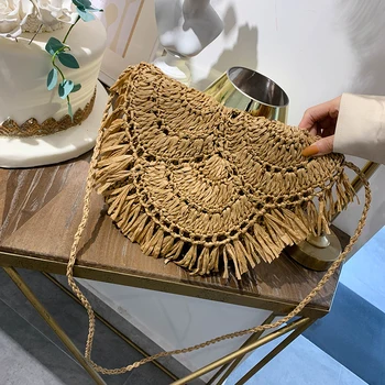 

fashion tassel straw bags rattan weave women handbags designer luxury handmade paper shoulder crossbody bags summer beach purses