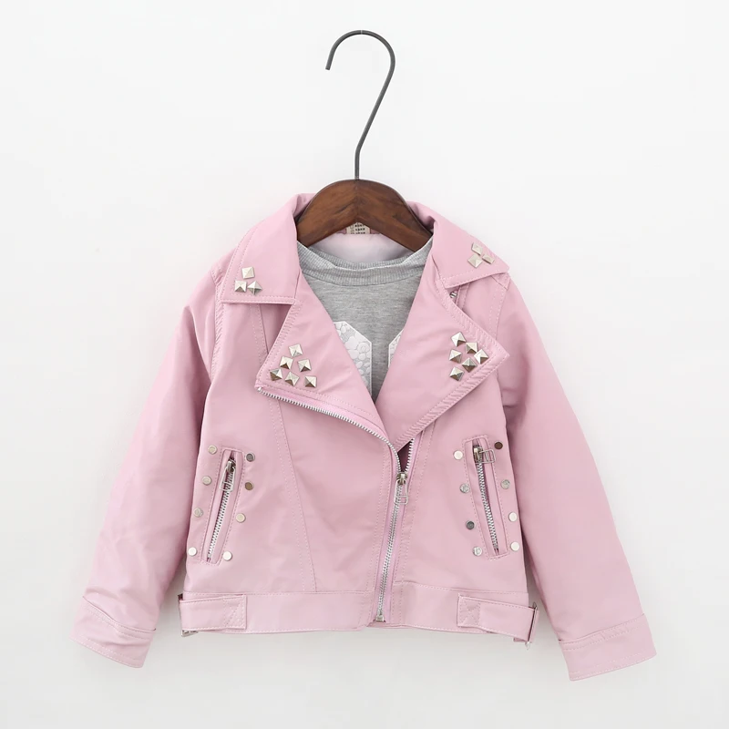 

New Girls Spring Autumn Solid Color Jacket Fashion PU Jacket Lapel Coat Metal Rivets Motorcycle Leather Belt Kids Jackets Tops