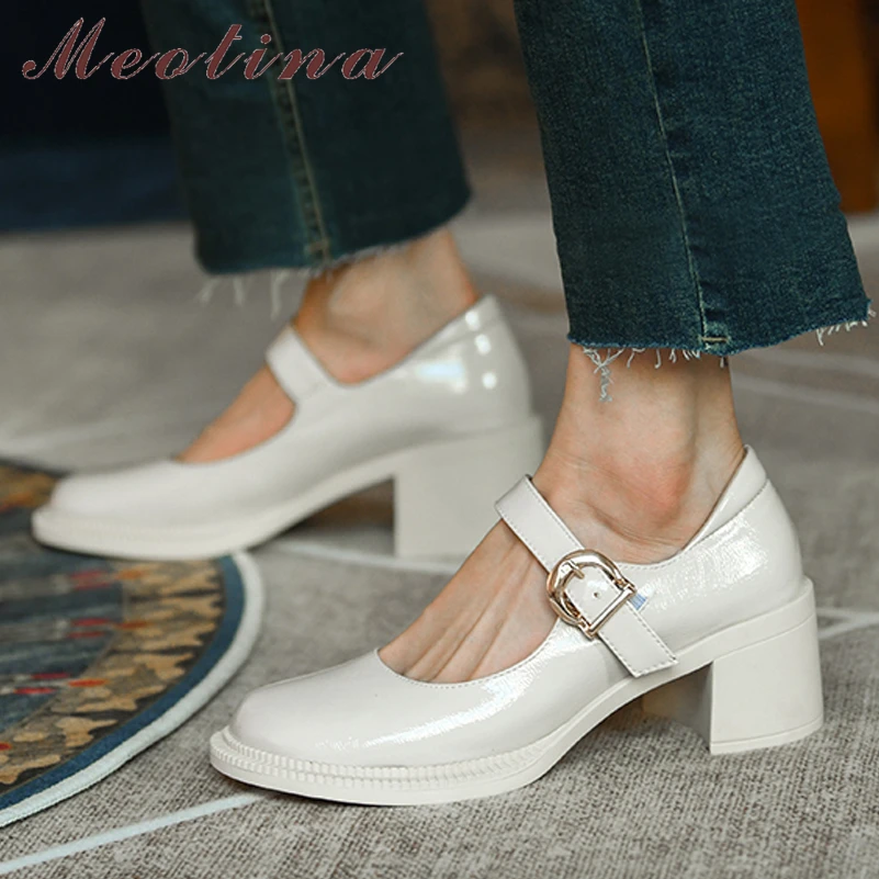 Meotina Women Thick Heels Causal Pumps Buckle Strap High Heel Ladies Footwear Spring Fashion