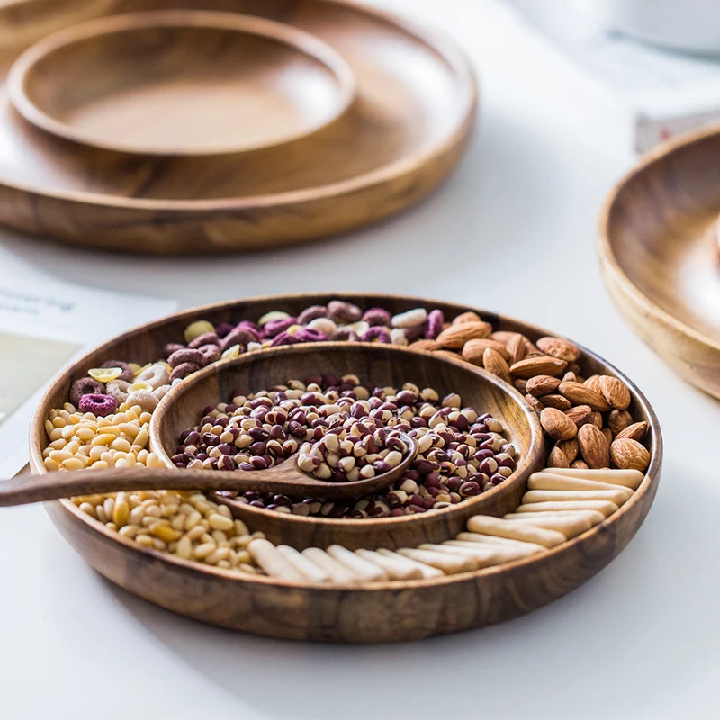 

Acacia wood snack nut dried fruit plate living room modern simple split grid melon seeds candy wooden storage box round dish