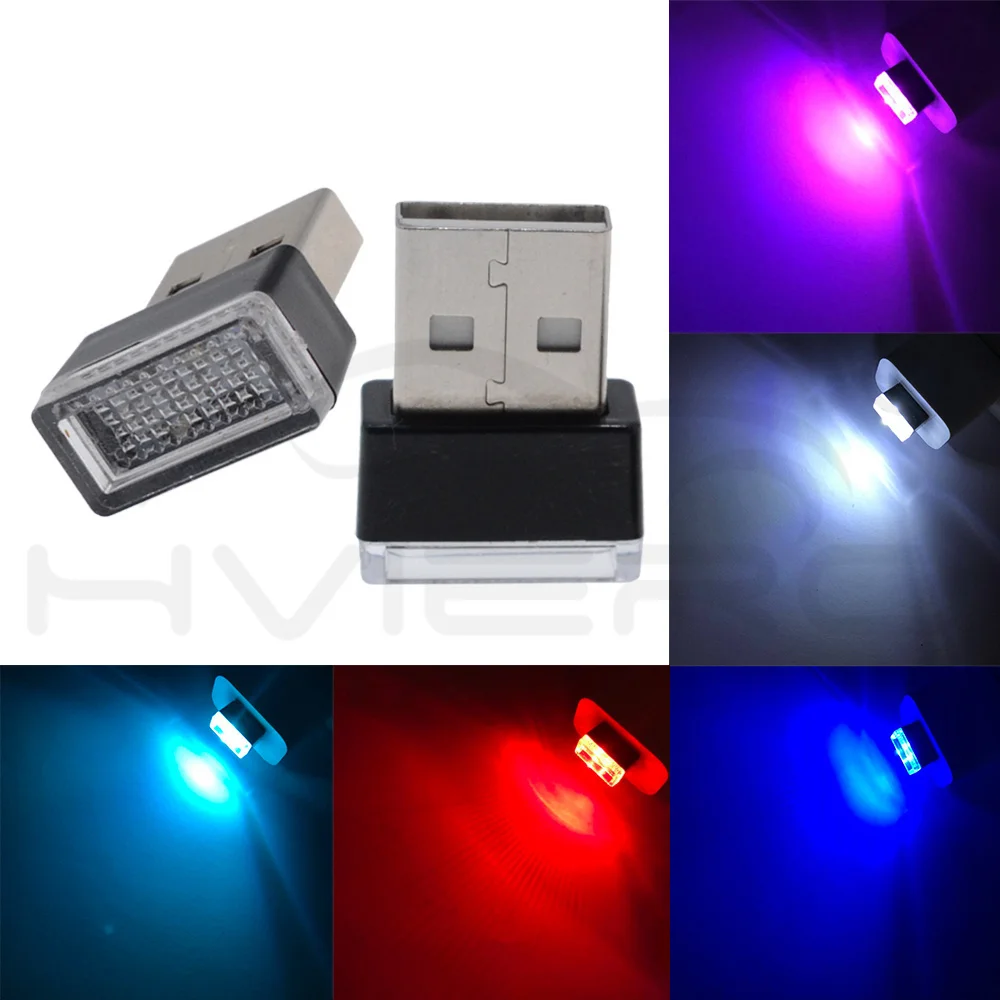 Hviero Car USB LED Atmosphere Lights Decorative Lamp Auto Emergency Lighting Universal PC Portable Plug and Play Red Blue White Pink