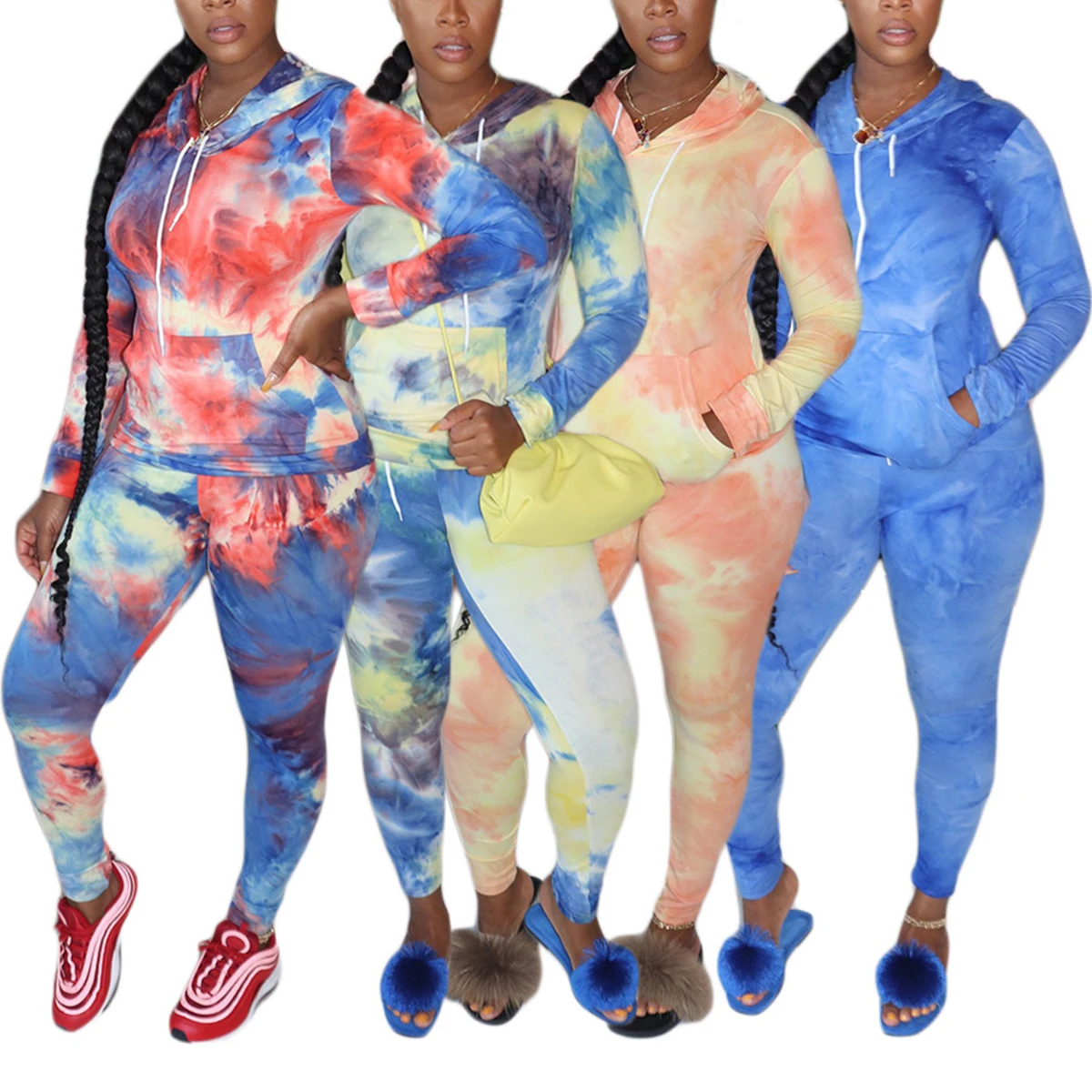 

Autumn Tracksuit 2Pieces Set For Women 2020Long Sleeve Hooded Sweatshirt Tops High Waist Pencil Pants Tie Dye Suit Running Suits