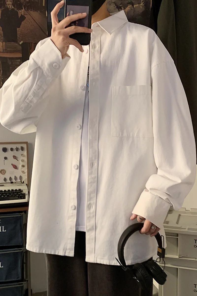 Pure white Long Sleeve Shirt Men's youth loose large fashion