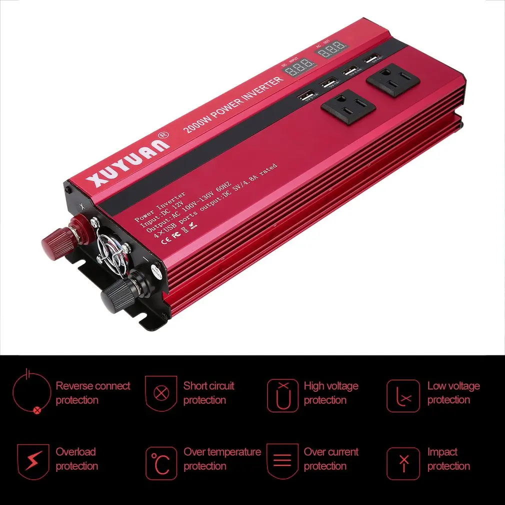

XUYUAN 2000W DC 12V to AC 110V Power Inverter with LED Display Fan Cooling Universal Socket Car Converter