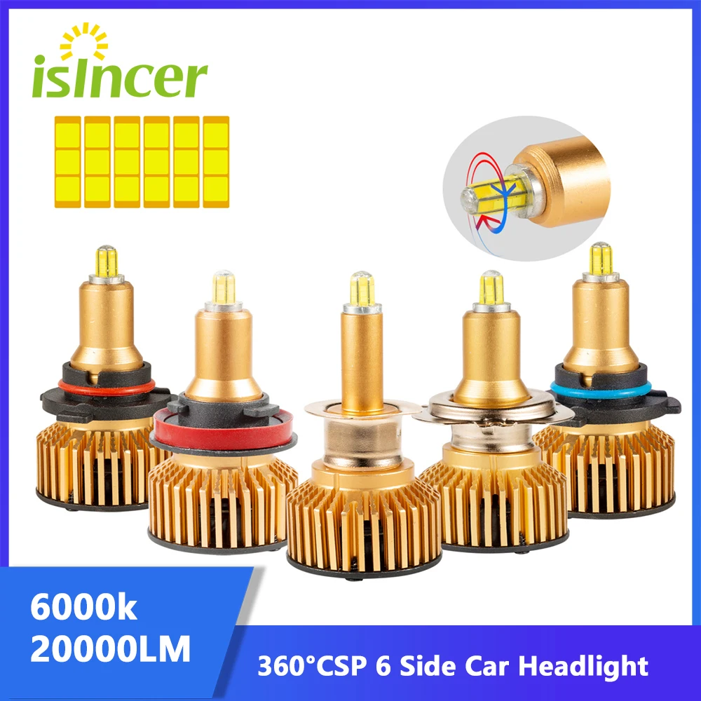 ISincer-faros LED H7 para coche, 6 lados, CSP, 360 grados, 90W, 20000LM, H1, H11, H8, H9, 9005, 9006, 6000K