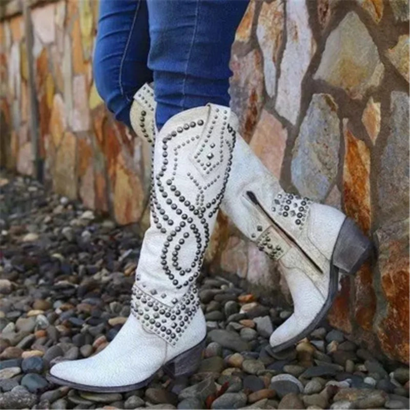 

Siddons Women's Winter High Boots Pointed Toe Rivets Studs Punk Style Gothic Shoes For Women Med Heels Female Motorcycle Boots