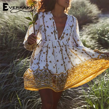 

Everkaki Boho Print Women Mini Dress Gypsy Vestidos Ladies Short Bohemian Dresses Loose Chic Female 2020 Spring Summer New