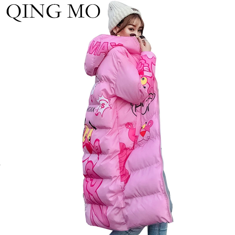 

QING MO Pink Panther Women Parkas 2019 Winter Women Hooded Parkas Streetwear Loose Cotton Padded Coat Lovely ZQY2219