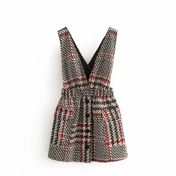 

Za women's fall 2019 new sleeveless deep V-neck elastic waistline vest dress with buttons and bright Plaid vest dress0883911306