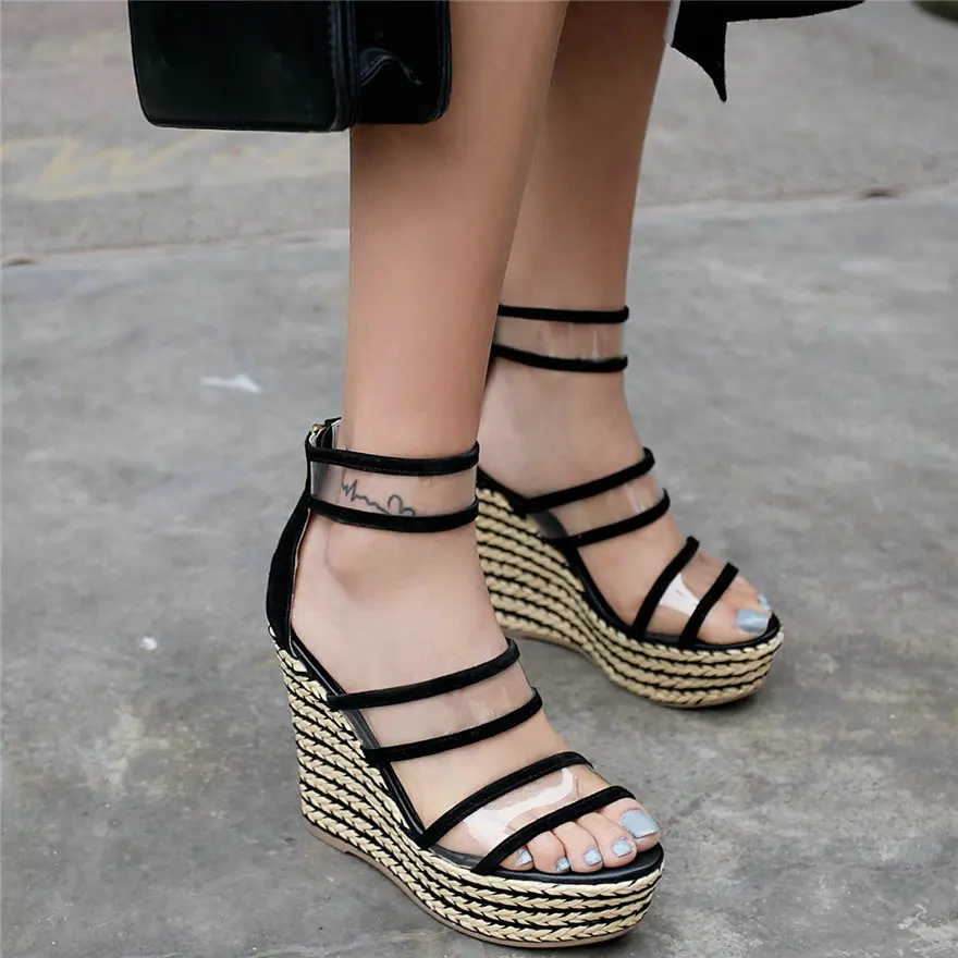 

Summer Creepers Women Genuine Leather Platform Wedges High Heel Gladiator Sandals Female Open Toe Party Pumps Shoes Black Pink