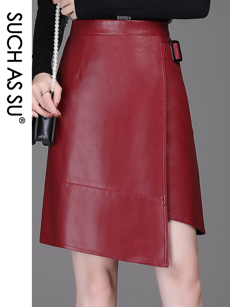 Y2K Irregular 2021 PU Leather Skirt Women Black Red Green Khaki Brown High Waist Asymmetrical S-3XL Size Autumn Female Skirt spring autumn fashion high waist pu leather women elegant skirts sashes zipper pencil mini length winter white sexy black khaki