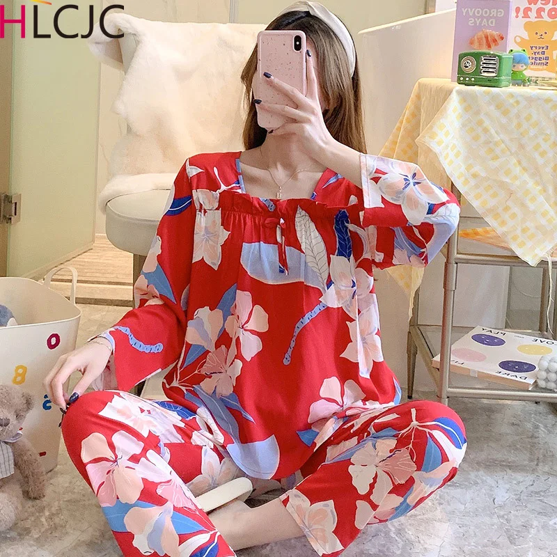 Spring Summer New 100% Viscose Long-sleeved Trousers Ladies Pajamas Suit Simple Style Long Pyjamas Femme Women's Home Service |