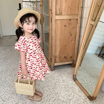 

girls dress kids fashion 2020 summer Dot lovely dresses Cotton Ruched Cute Short Puff Sleeve dress Korean