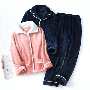

Winter Warm Flannel Couple Pajamas Long Sleeve 2 Pcs Pajamas Set Thick Button Solid Men Sleepwear Winter Homewear For Female