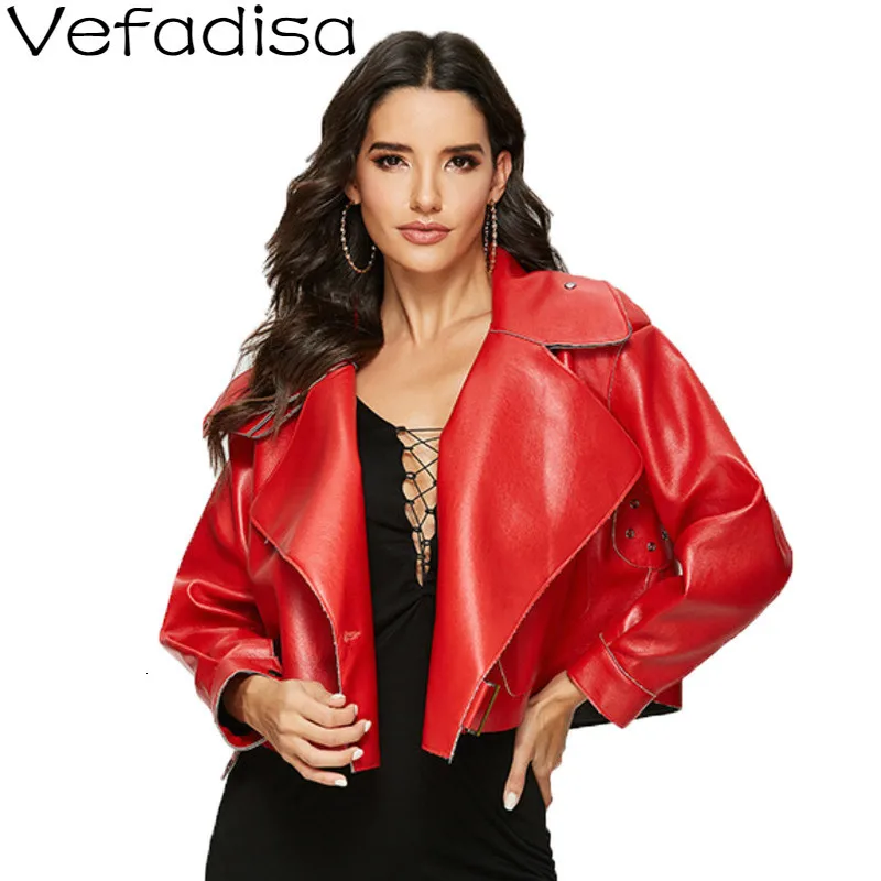 

Vefadisa Solid Short PU Leather Jackets Woman 2019 Autumn Winter Single Button Lapel Leather Jackets Loose Black Red QYF1358
