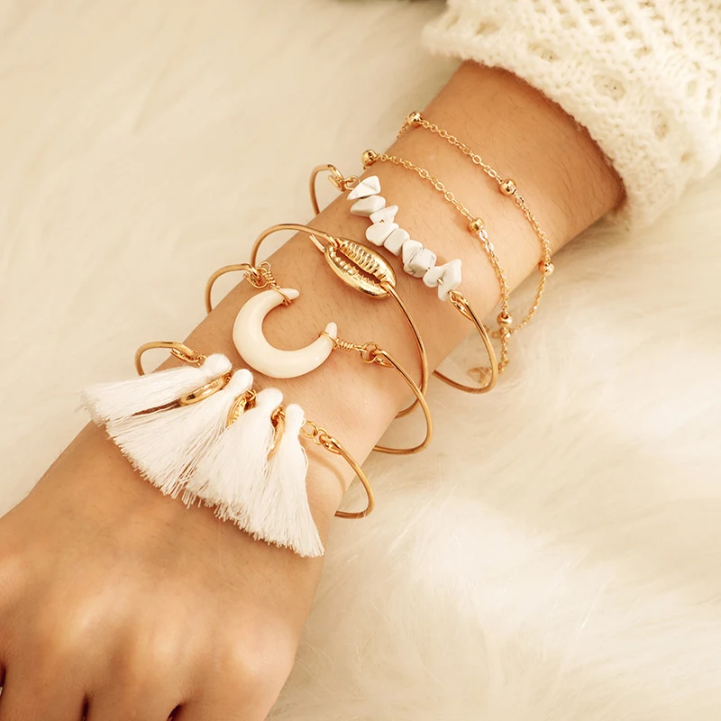 

HuaTang Bohemian Shell White Stone Moon Tassel Bangles Set for Women Multi-layer Boho Bracelets Bangle Pulseira Jewelry A13502