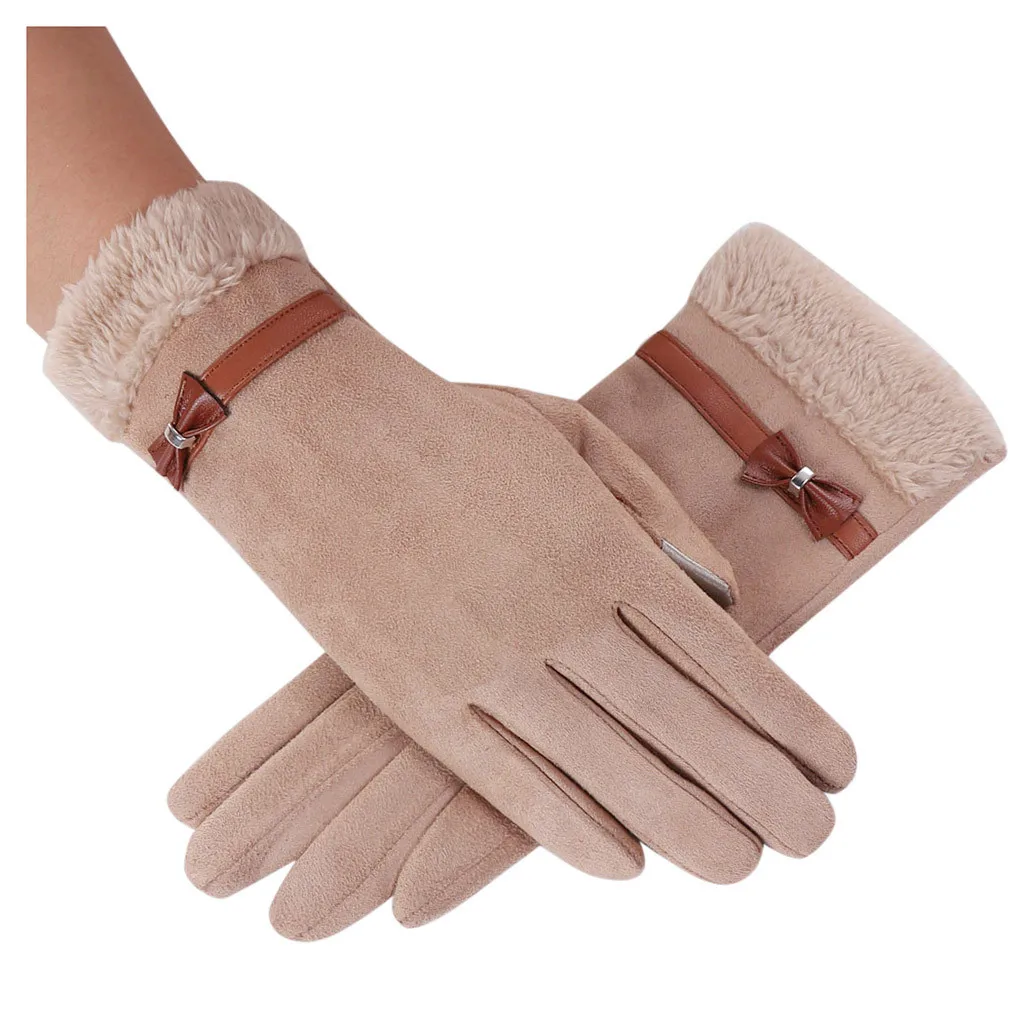 Однотонные теплые флисовые женские перчатки, женские зимние утепленные варежки с бантом, перчатки для вождения с сенсорным экраном, Теплые наручные перчатки