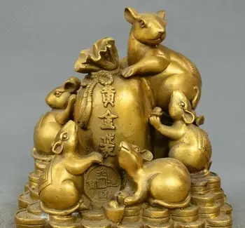 

Chinese fengshui old Bronze Five rat fortune Gold bag auspicious wealth Statue