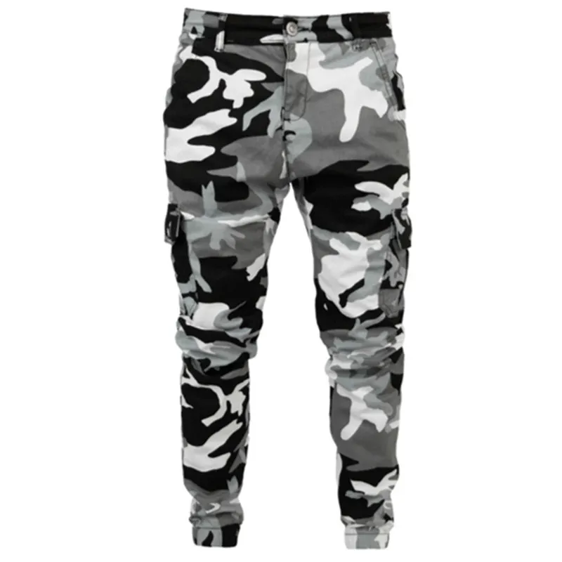 Mens Skinny Stretch white Denim Pants Camouflage Pleated Ripped Slim Fit Jeans Trousers Hot cargo pants jeans men Clothing