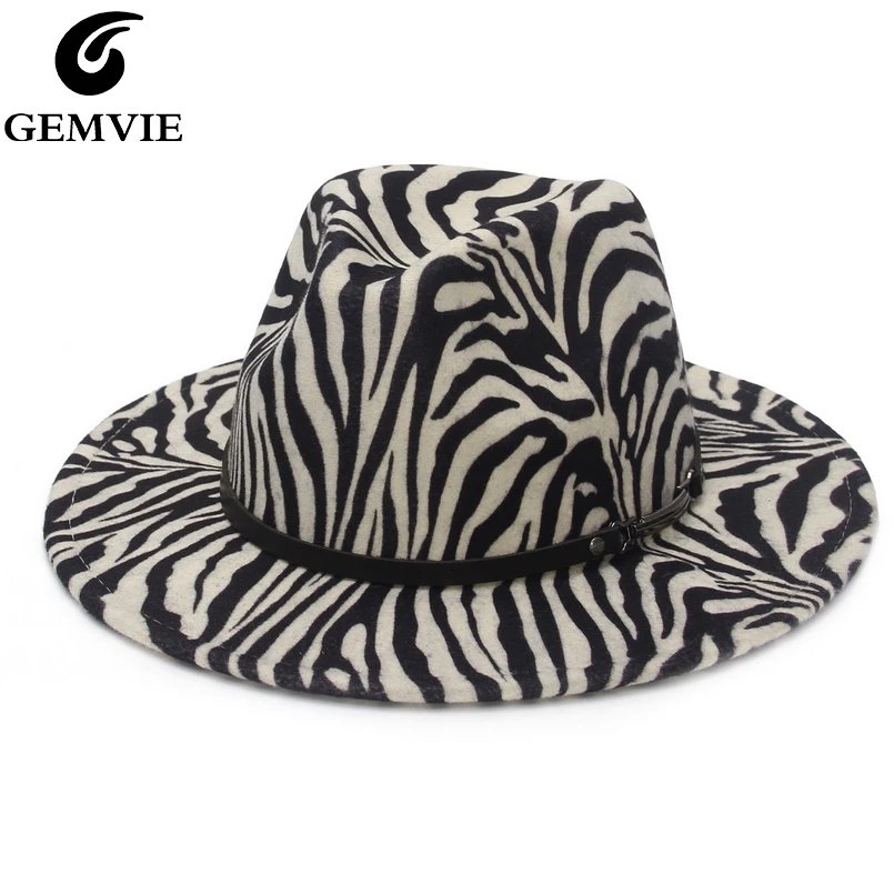 

GEMVIE 2021 New Fashion Zebra Fedora Hat For Women Wide Brim Wool Felt Hat For Men Panama Style Jazz Cap Gamble