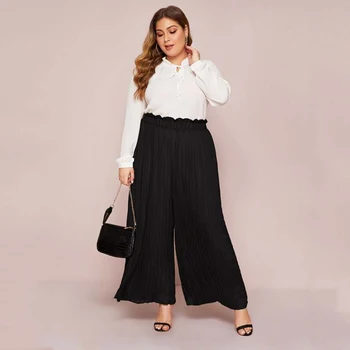 

Plus Size Elastic Waist Pleated Pants Women Black High Waist Wide Leg Pants Oversize Trouser Ankle Length Pantalones XL-4XL
