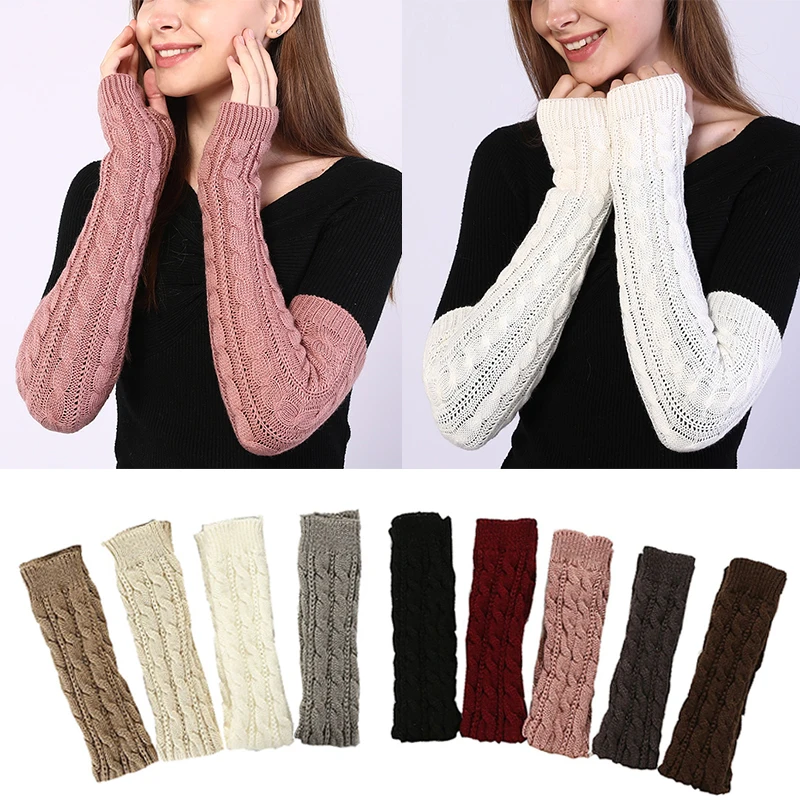 Winter Women Arm Warmers Knitted Woolen Arm Sleeve Long Knitted Fingerless Gloves Casual  Warm Soft Arm Covers Female Gloves
