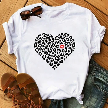 

2020 Women T-Shirt Lip Leopard Heart Print T Shirt Women Summer Casual White Tops Loose Short Sleeve T-shirt Tops Camisas Mujer
