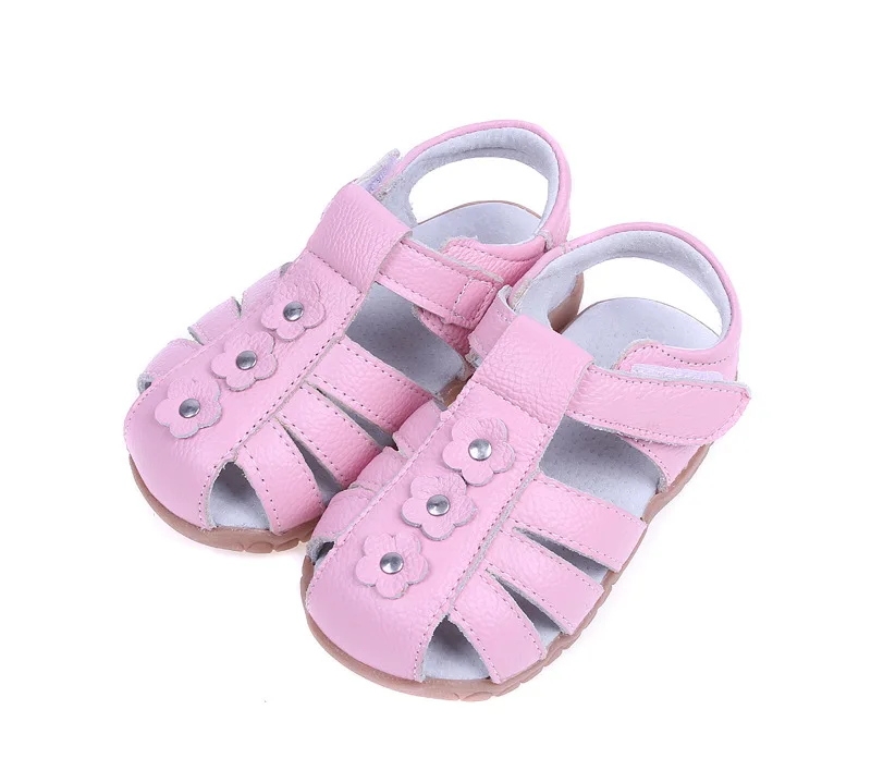 Pink Сандалии для девочек; коллекция года; летняя детская обувь из натуральной кожи; обувь принцессы с цветочным узором для девочек; Нескользящие Детские сандалии - Цвет: Pink