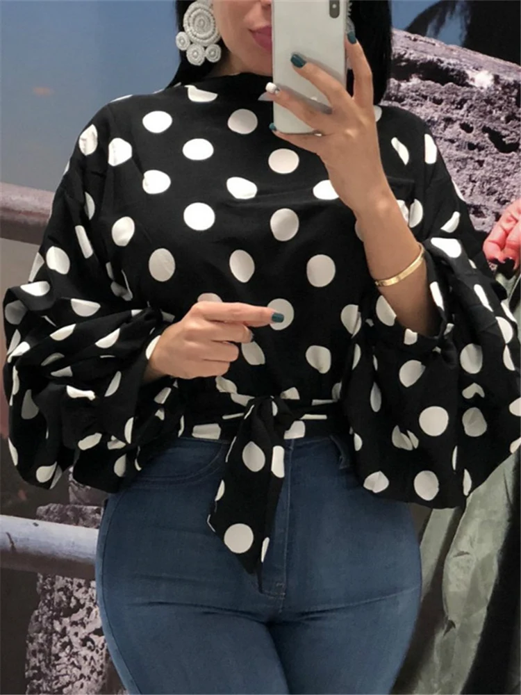 Mulheres polka dot blusas topos preto faixas