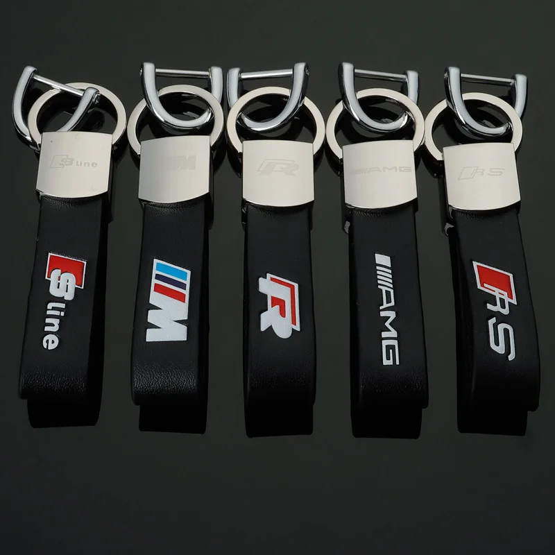 

Car Keychain Leather Car Logo for M tri-color standard Audi Sline Audi RS Mercedes-Benz AMG Volkswagen R