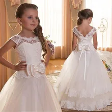 Cute Flower Girl Dresses For Weddings Ball Gown Cap Sleeves Tulle Lace Bow Long First Communion Dresses Little Girl