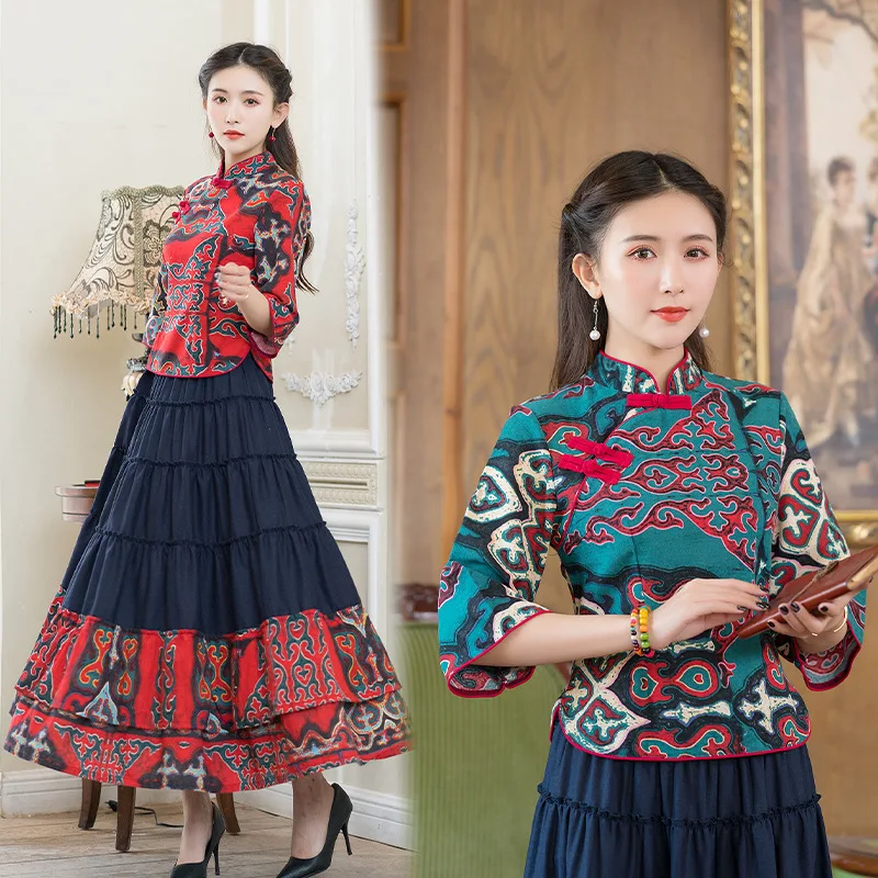 

Photo Shoot 2020 Spring Cotton Linen Slim Fit Cheongsam Small Coat the Republic of China-Style Old Shanghai Retro Two-Piece Set
